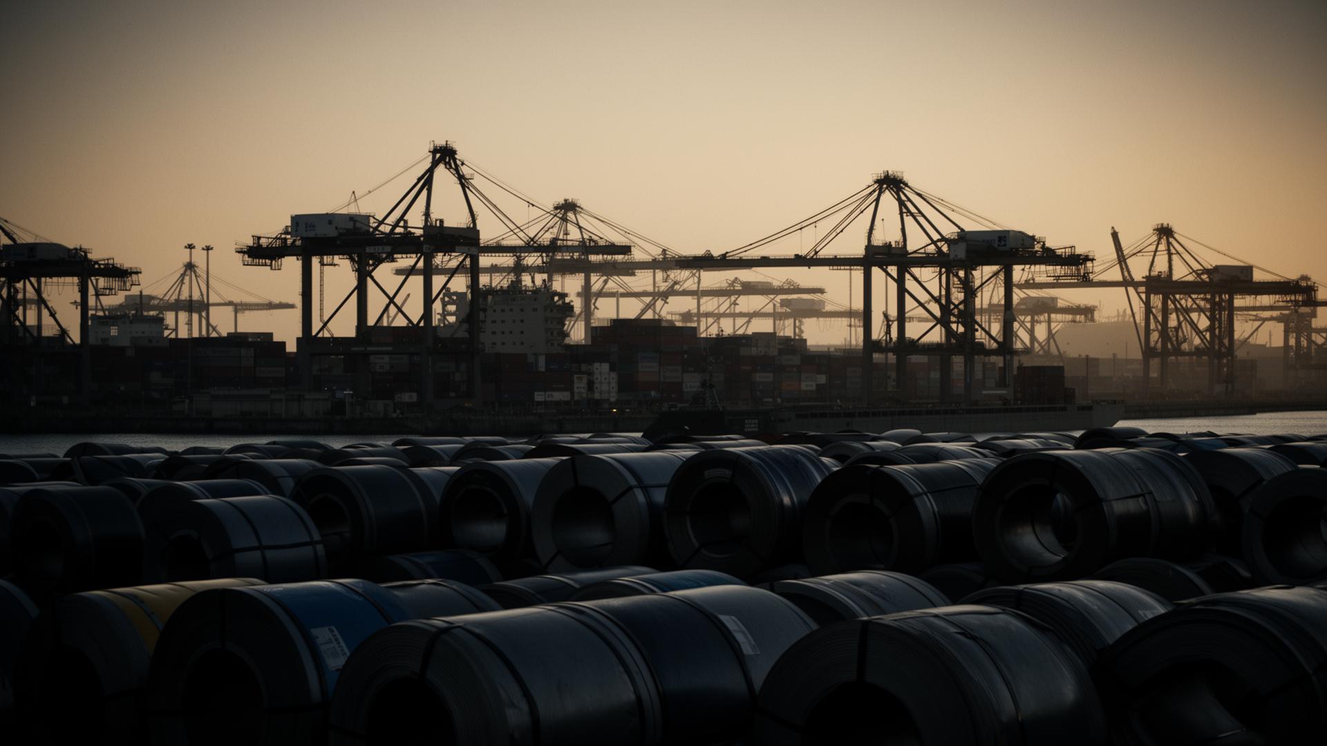 Container gantry cranes at dusk over stacked steel coils